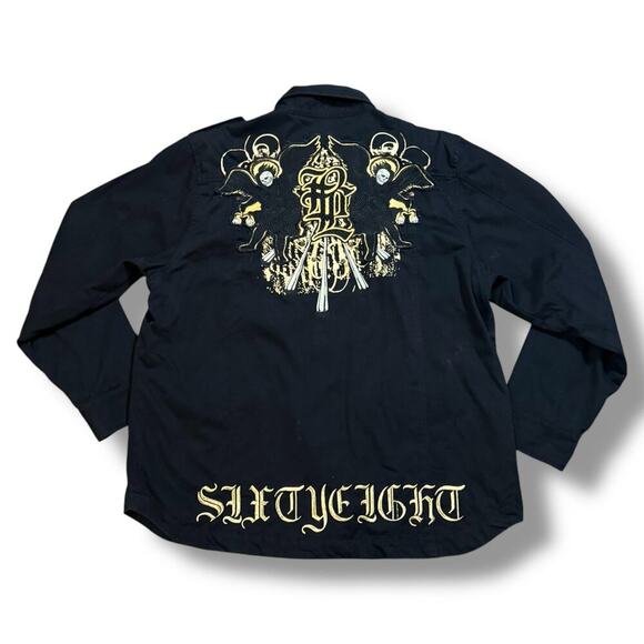 Blac Label 68 Shacket Mens Black Gold Embroidered Skulls Iron Cross Shirt ~XL - Picture 1 of 9